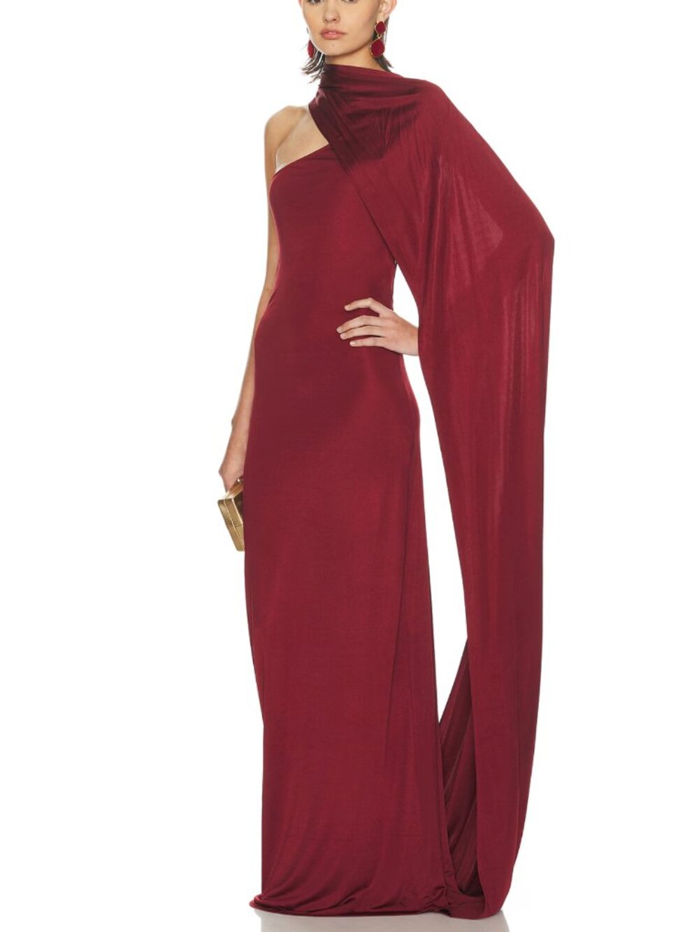 Helsa The Muse Cape Jersey Maxi Dress in Oxblood Red One Shoulder Formal Gown S - Picture 4 of 5